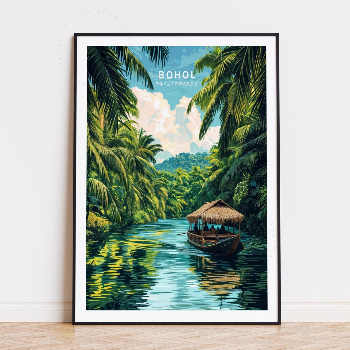 Bohol Philippines Tropical River Boat Palms Vintage Travel Art Poster