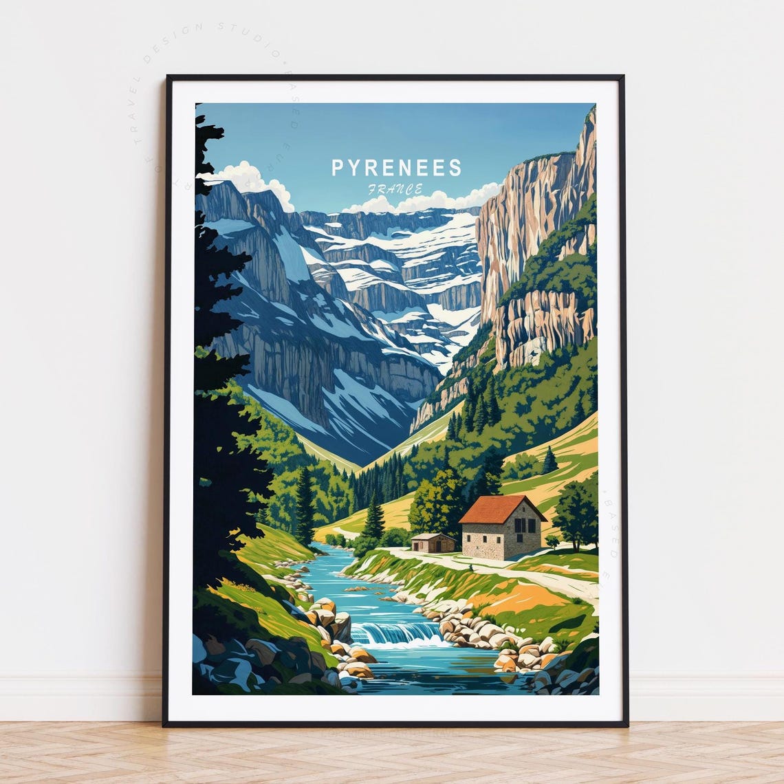 Pyrenees France Snowy Cirque Valley Stone Huts Mountain Stream Poster