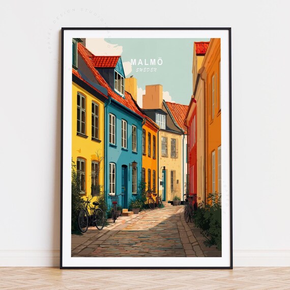 Malmo Sweden Colorful Old Town Street Bicycles Brick Lane Travel Poster