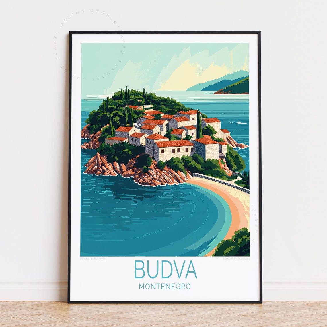 Budva Montenegro Adriatic Island Village Red Roofs Bay Travel Poster