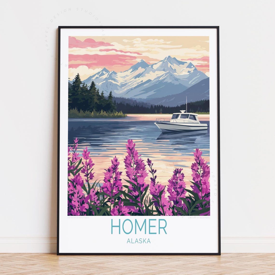 Homer Alaska Fishing Boat Fireweed Flowers Mountain View Poster