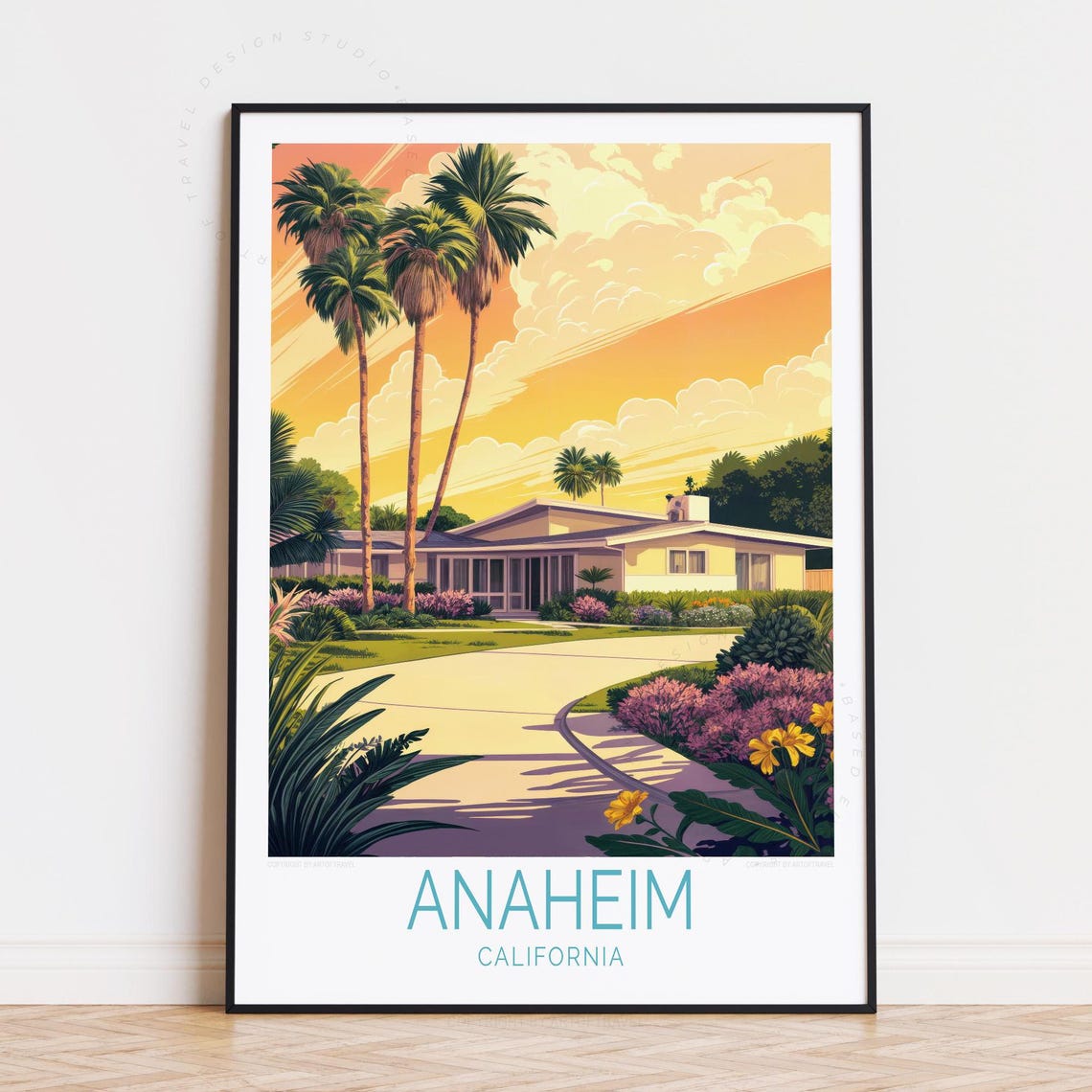 Anaheim California Mid Century Ranch House Sunset Palms Travel Poster