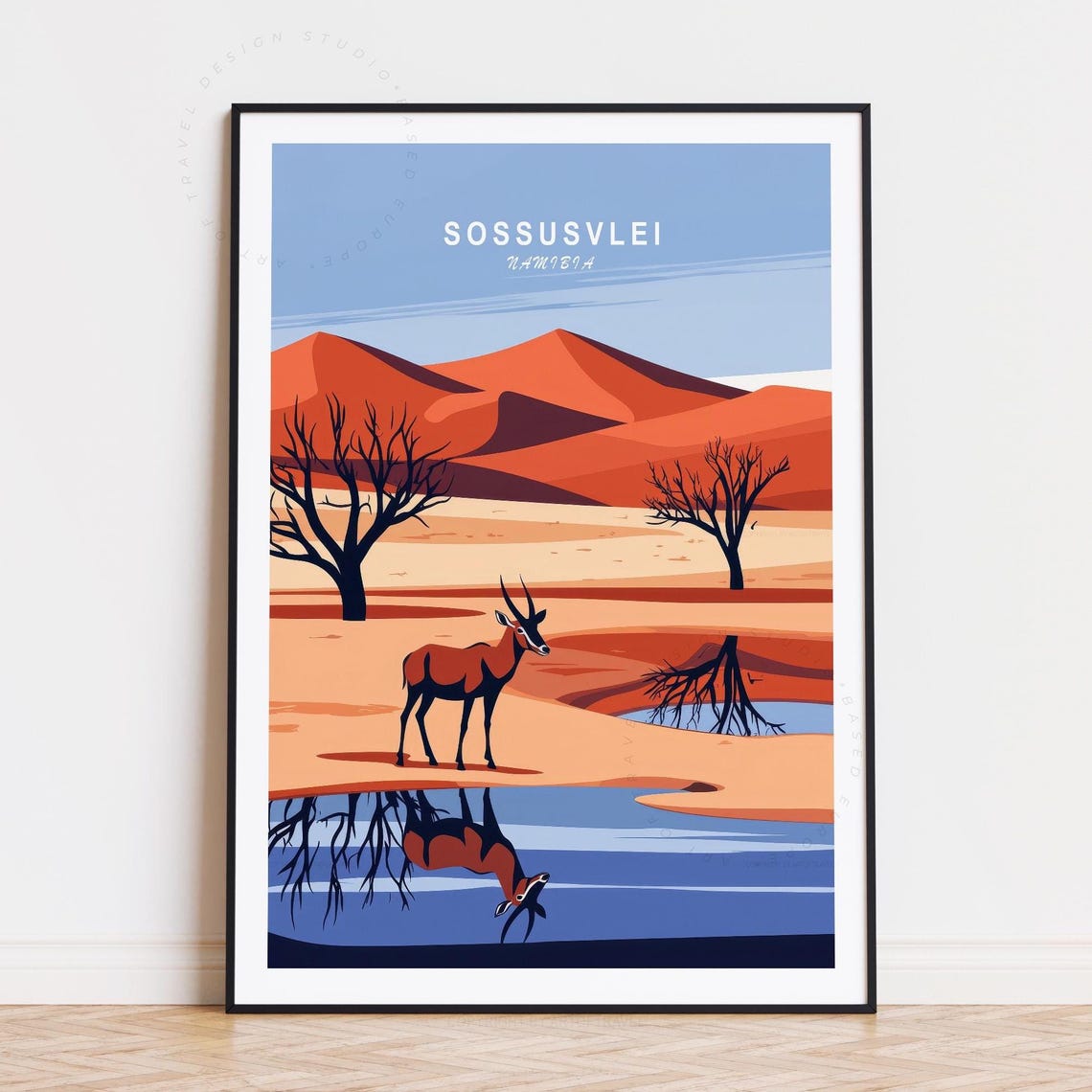 Sossusvlei Namibia Desert Antelope Mirror Reflection Retro Poster