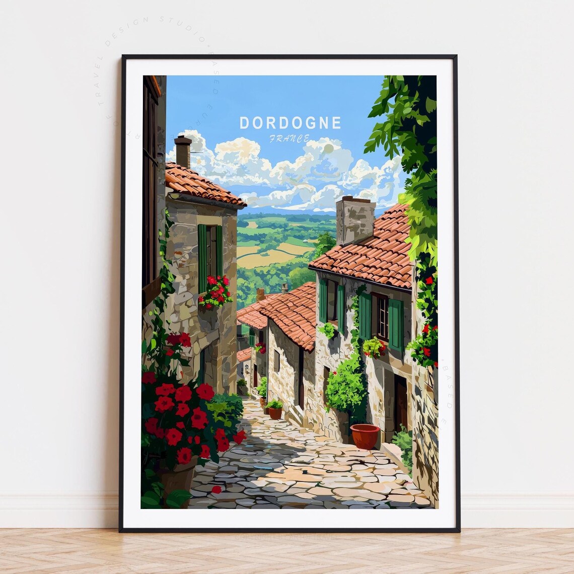 Dordogne France Stone Village Street Flowers Vintage Travel Poster