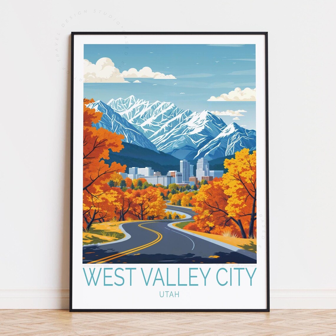 West Valley City Utah Snowy Mountains and Autumn Road Travel Poster
