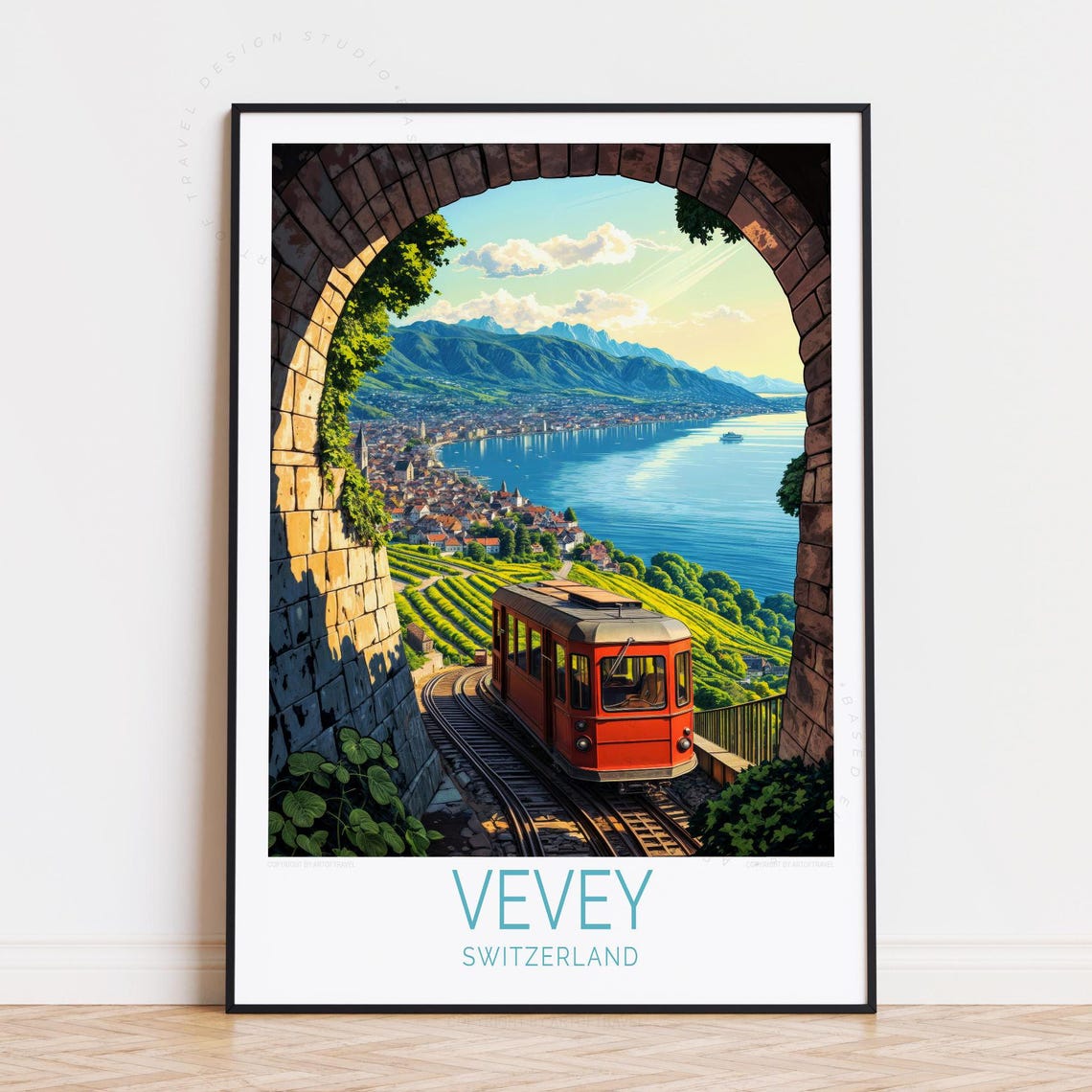 Vevey Switzerland Funicular Through Stone Arch Lake View Poster