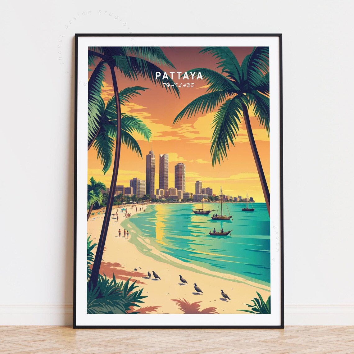 Pattaya Thailand Beach Sunset Skyline Palm Trees Coastal Travel Poster
