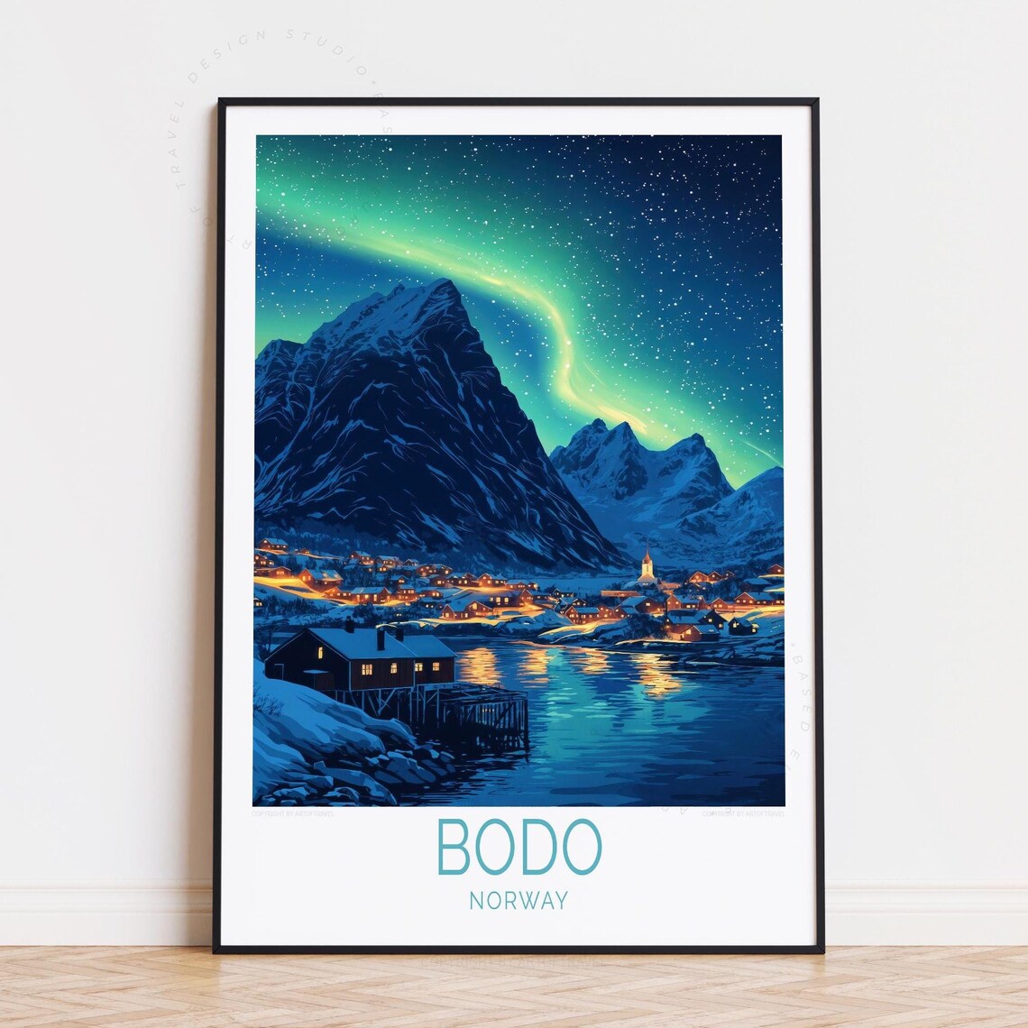 Bodo Norway Northern Lights Snowy Mountain Town Travel Poster
