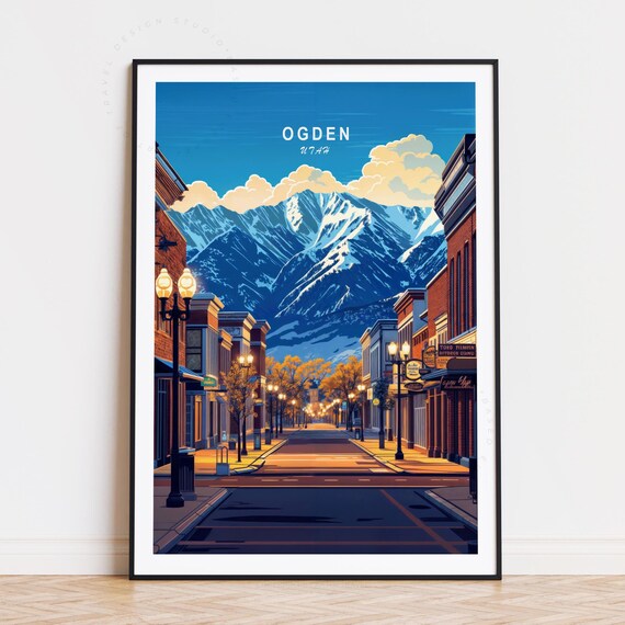Ogden Utah Downtown Street Snowcapped Mountains Dusk Travel Poster
