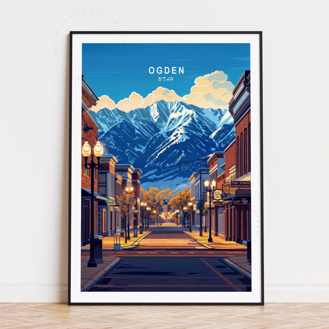 Ogden Utah Downtown Street Snowcapped Mountains Dusk Travel Poster