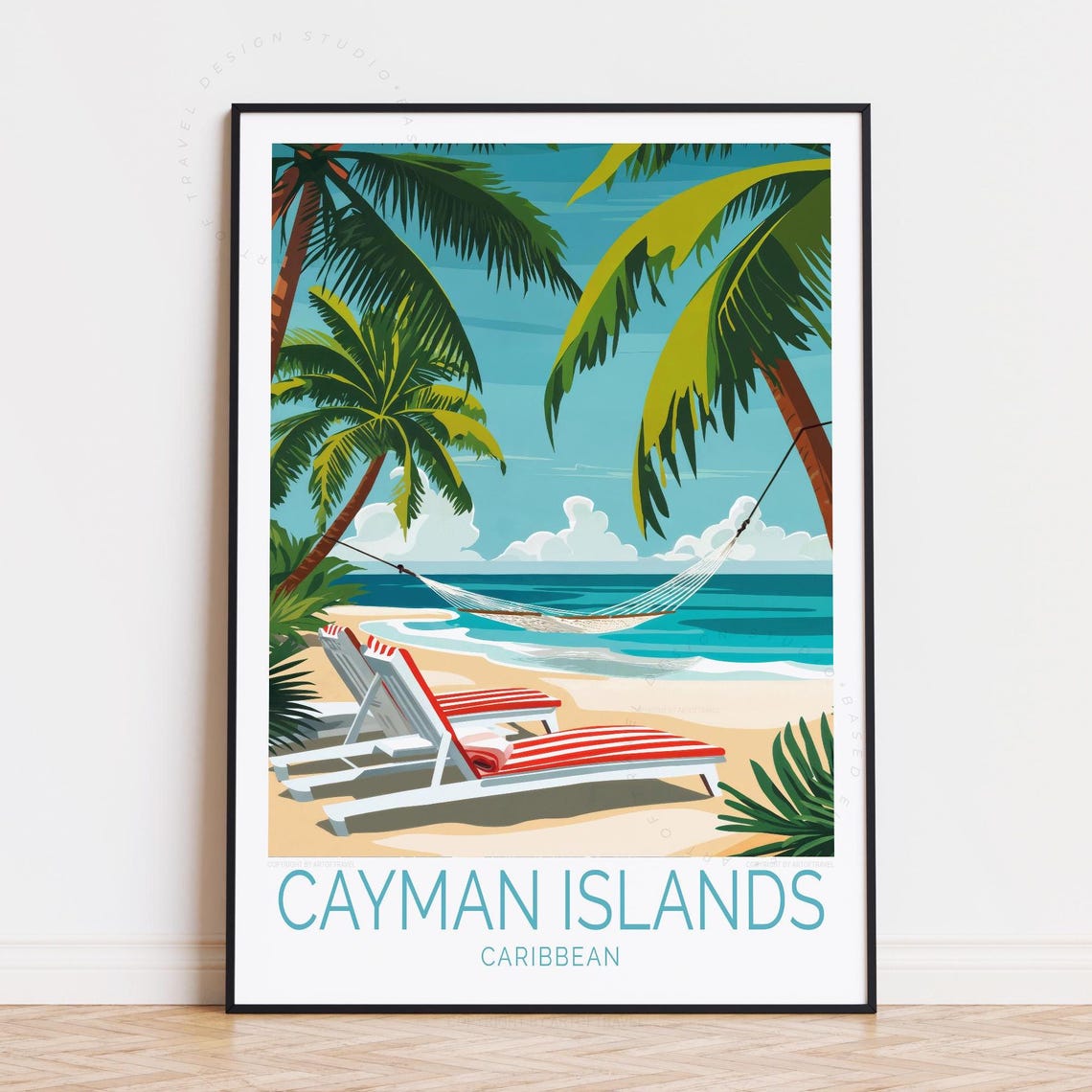 Cayman Islands Caribbean Hammock Palms Beach Chairs Sunset Poster