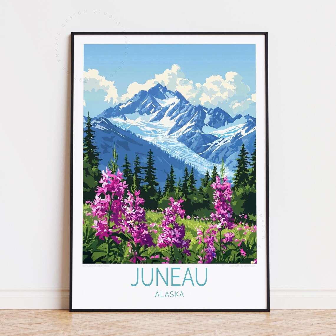 Juneau Alaska Glacier Capped Peak Pink Wildflowers Blue Sky Poster