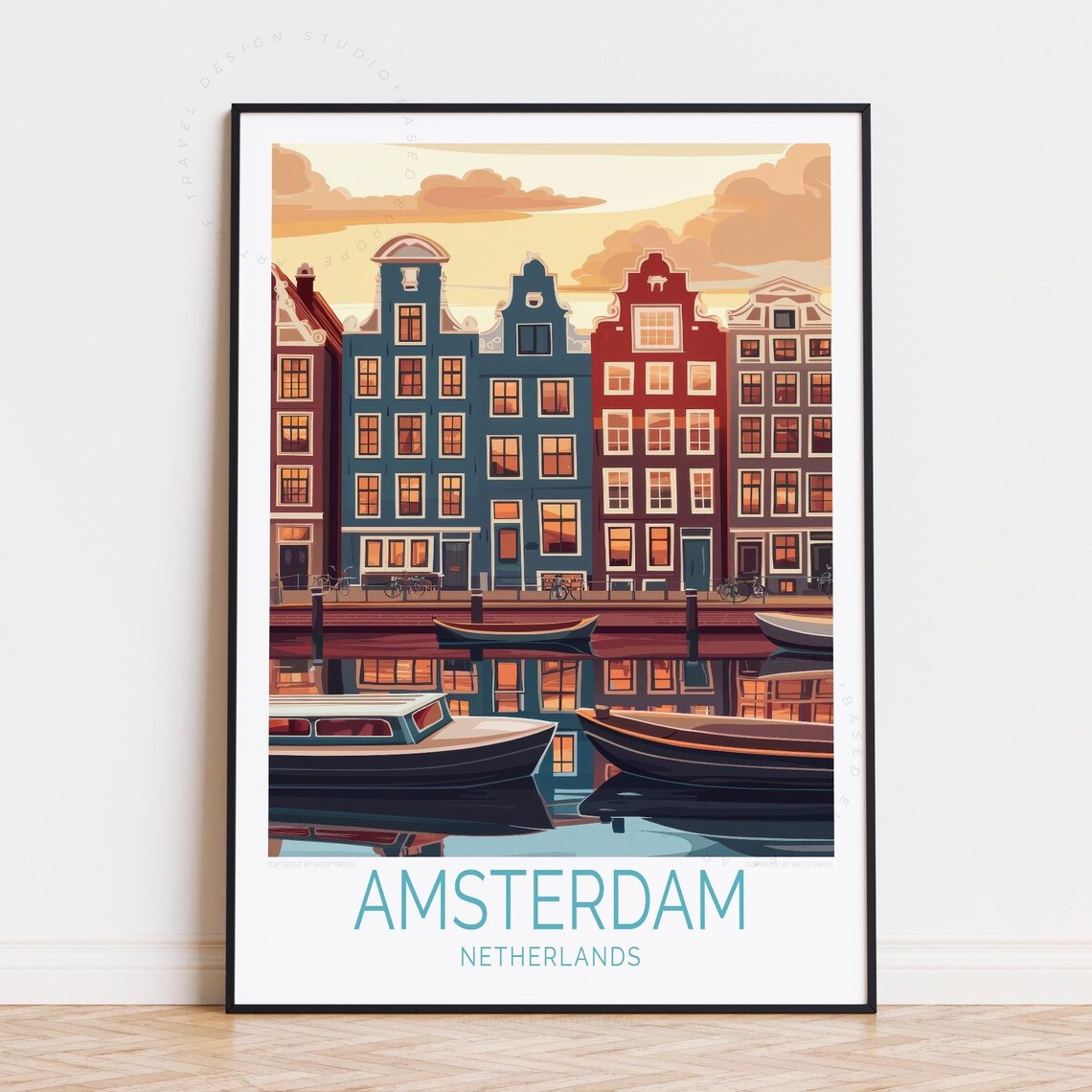 Amsterdam Netherlands Canal Houses Sunset Reflection Travel Poster