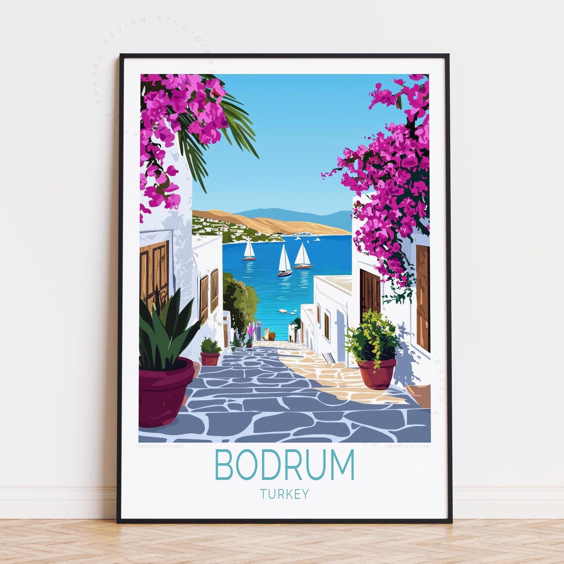 Bodrum Turkey Bougainvillea Alley Sailboat Bay Travel Poster