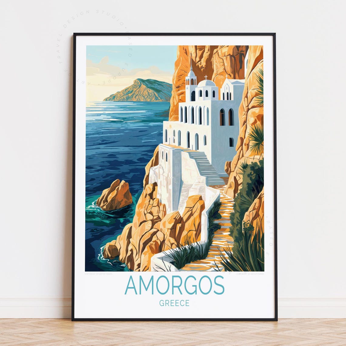 Amorgos Greece Cliffside Monastery Aegean Sea Rock View Travel Poster