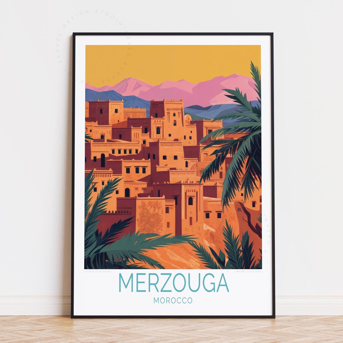 Merzouga Morocco Adobe Kasbah Palm Trees Desert Sunset Travel Poster