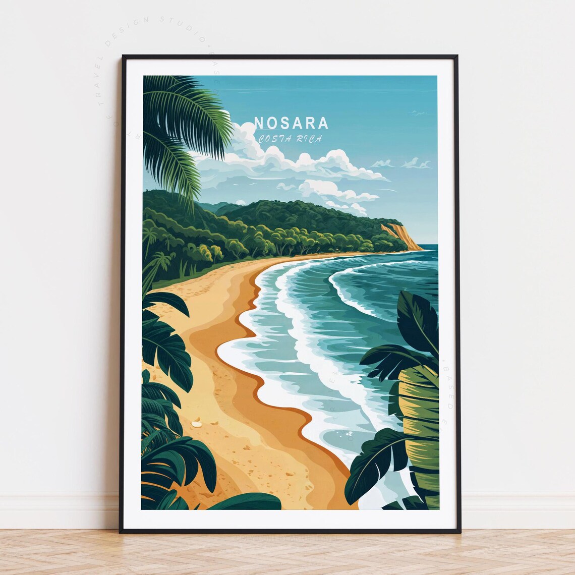 Nosara Costa Rica Surf Beach Waves Palm Trees Vintage Travel Poster
