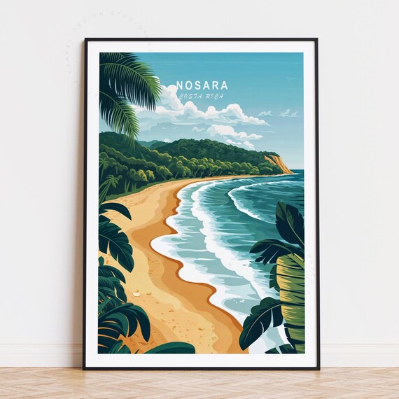 Nosara Costa Rica Surf Beach Waves Palm Trees Vintage Travel Poster