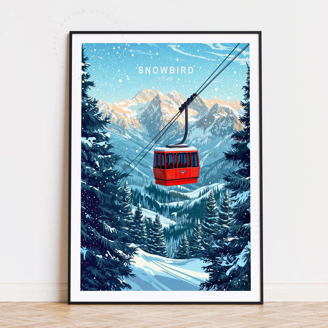 Snowbird Utah Red Aerial Tram over Snowy Mountain Peaks Poster