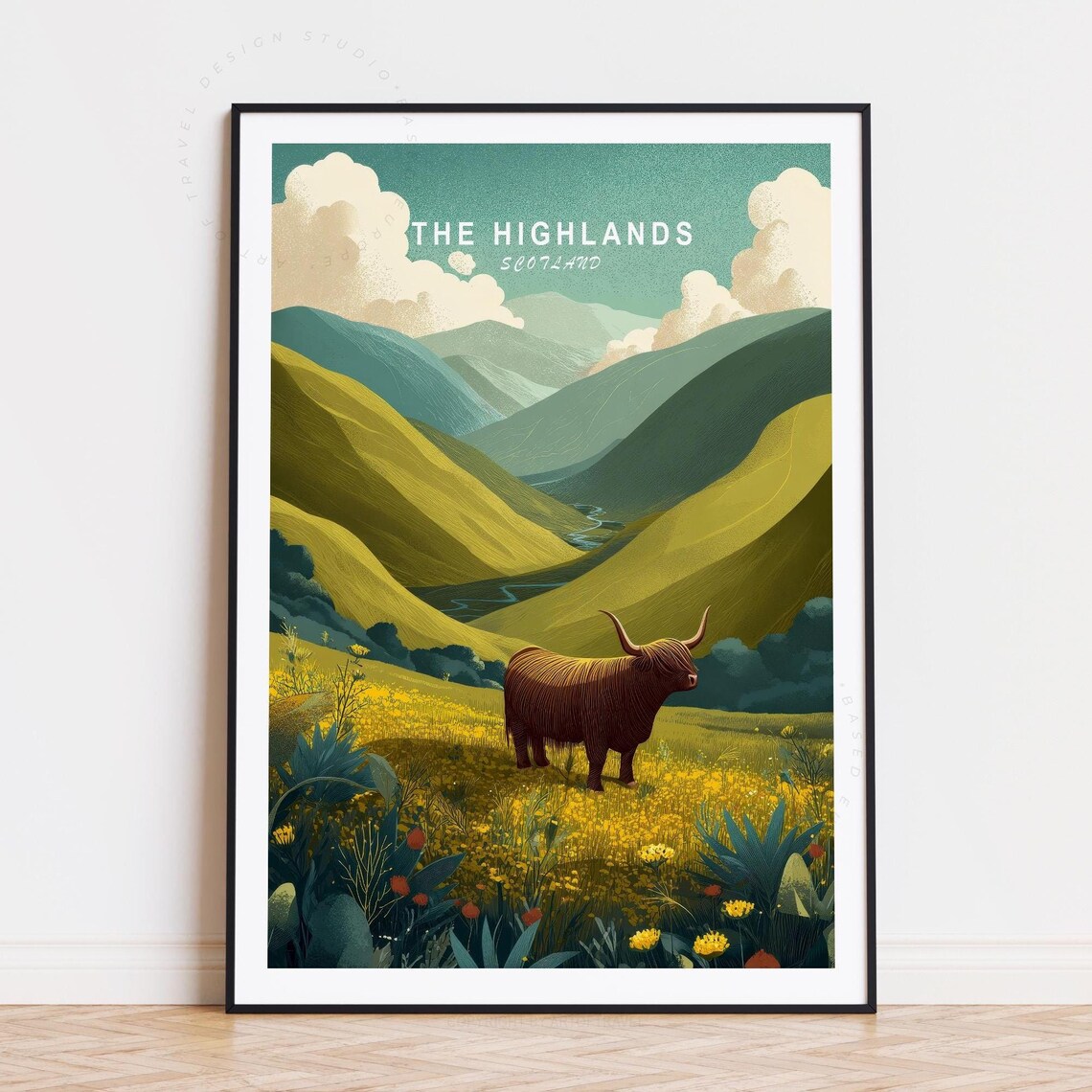 The Highlands Scotland Highland Cow Green Hills Vintage Travel Poster