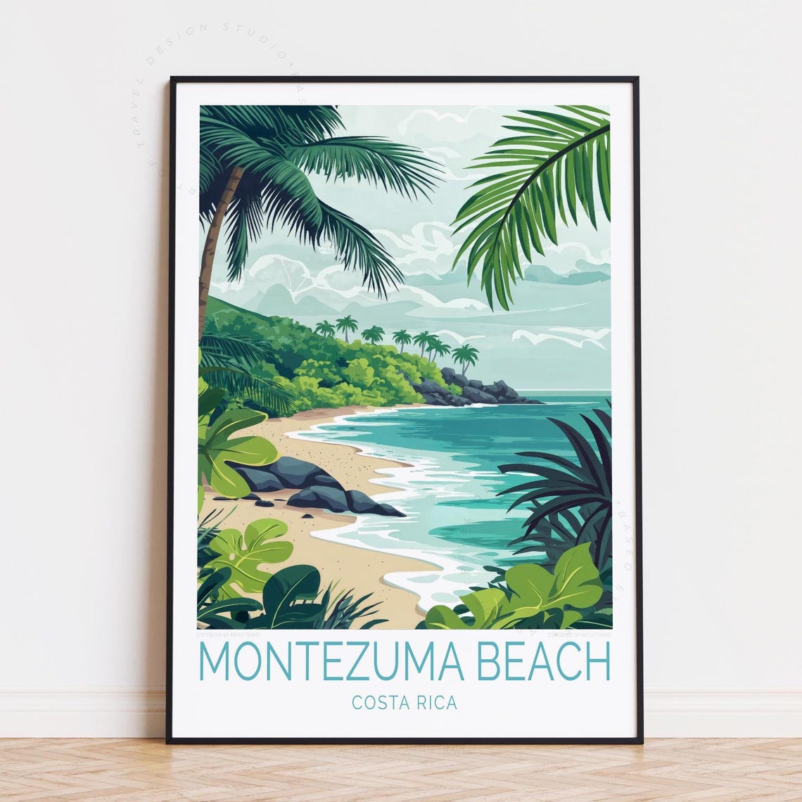 Montezuma Beach Costa Rica Palm Framed Beach Rocks Sea Poster