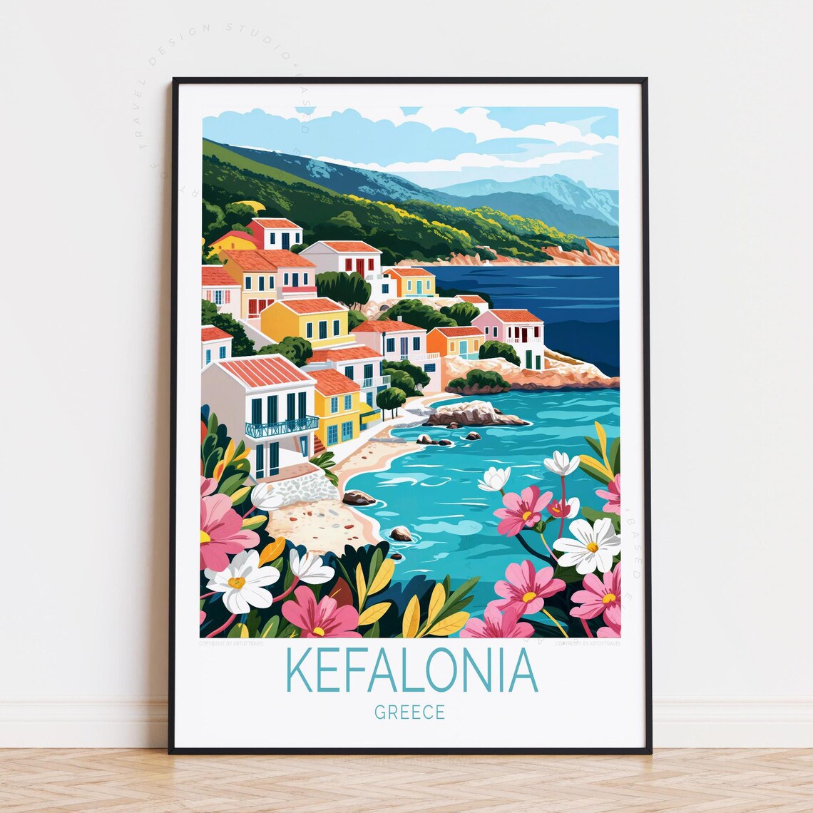 Kefalonia Greece Hillside Village Turquoise Cove Floral Travel Poster