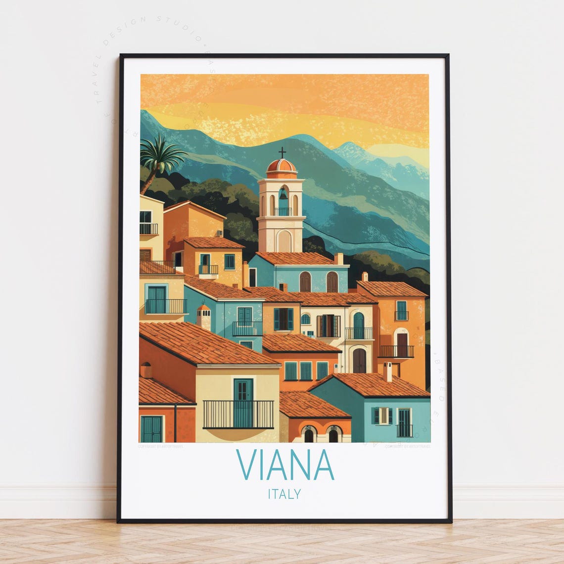 Viana Italy Travel Poster Mountain Village Bell Tower Sunset Art