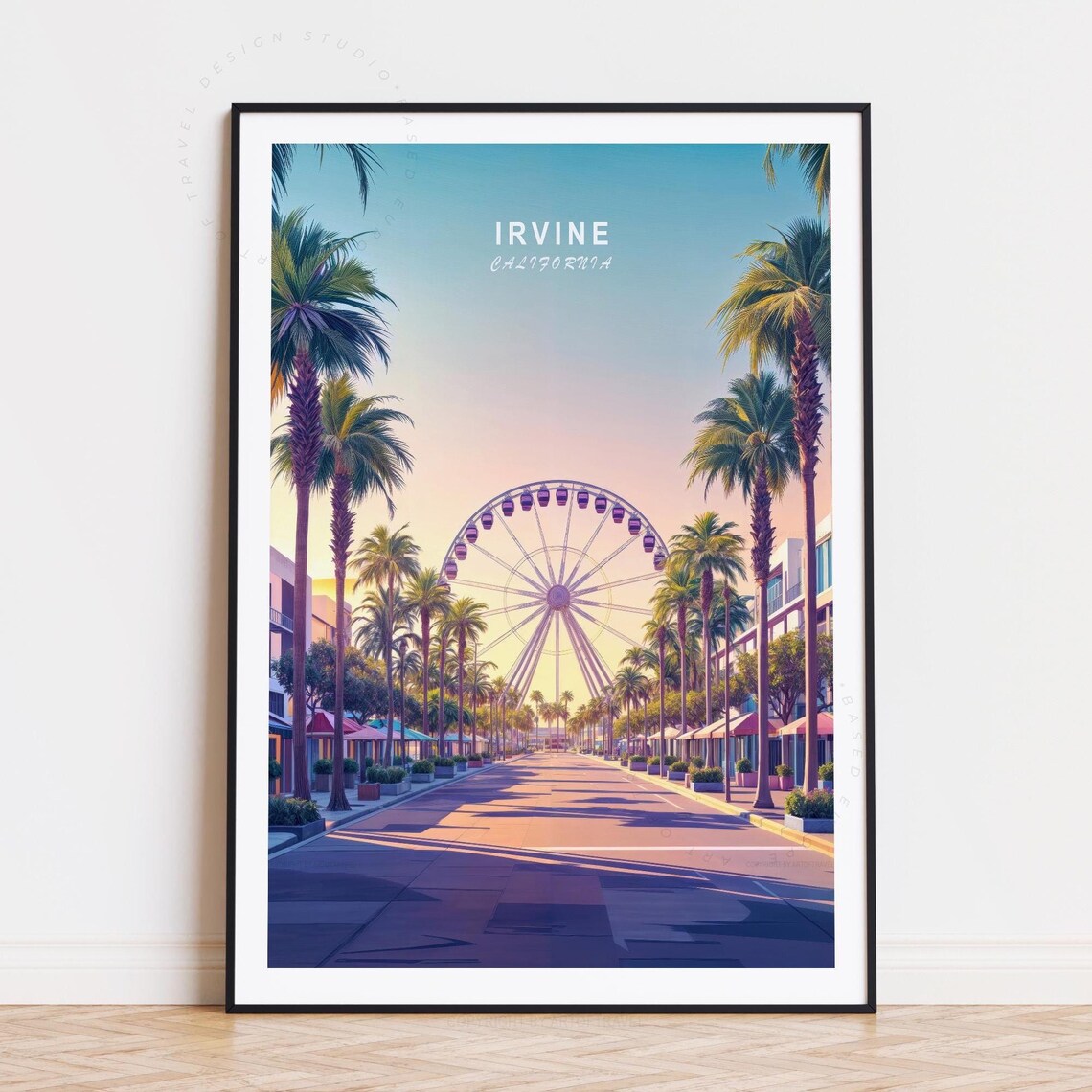 Irvine California Palm Promenade Ferris Wheel Sunset Travel Poster