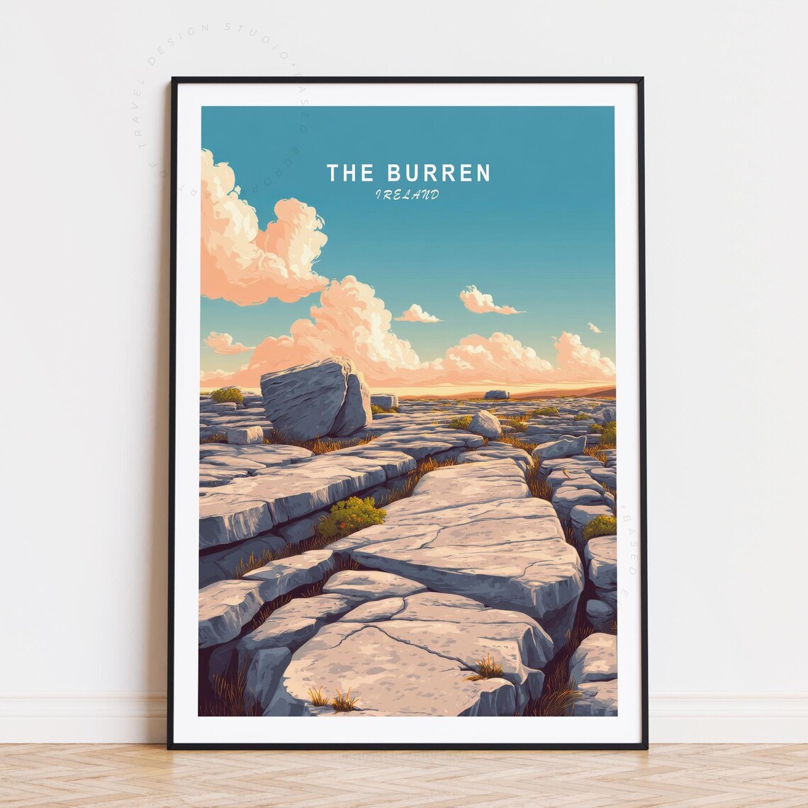 The Burren Ireland Limestone Pavement Golden Sky Vintage Travel Poster