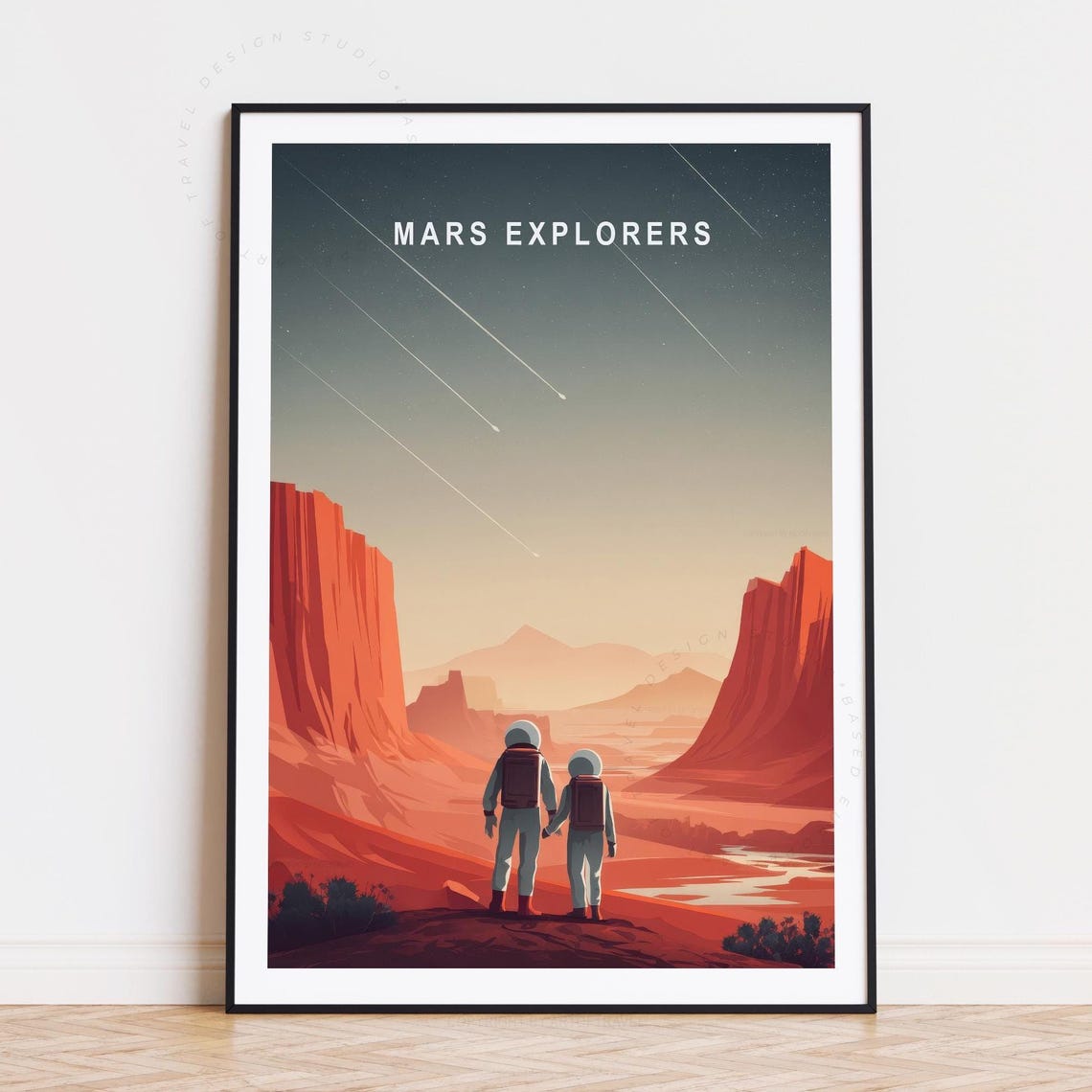 Mars Explorers Astronauts Under Meteor Shower Canyon Space Poster