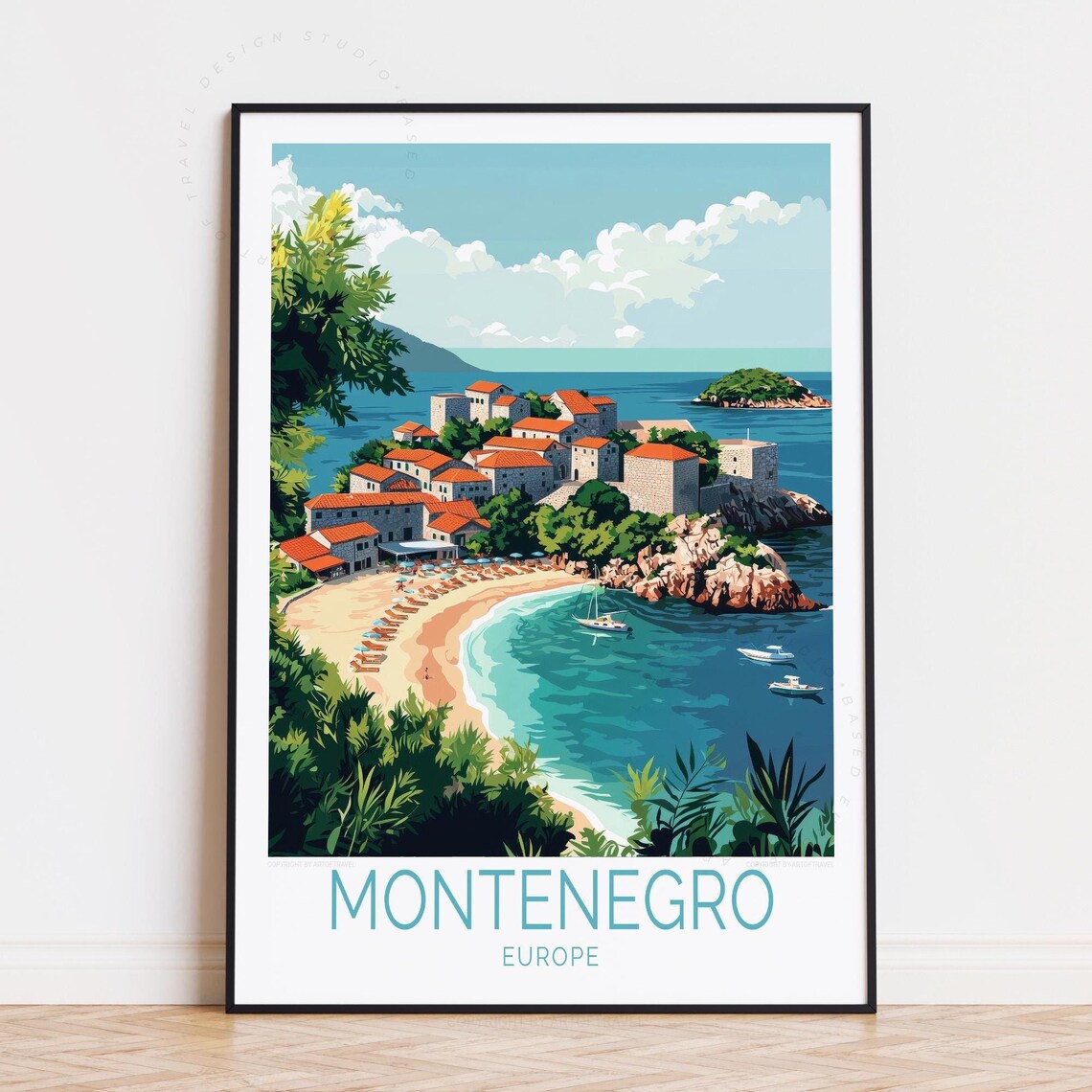 Montenegro Europe Island Old Town Turquoise Beach Travel Poster