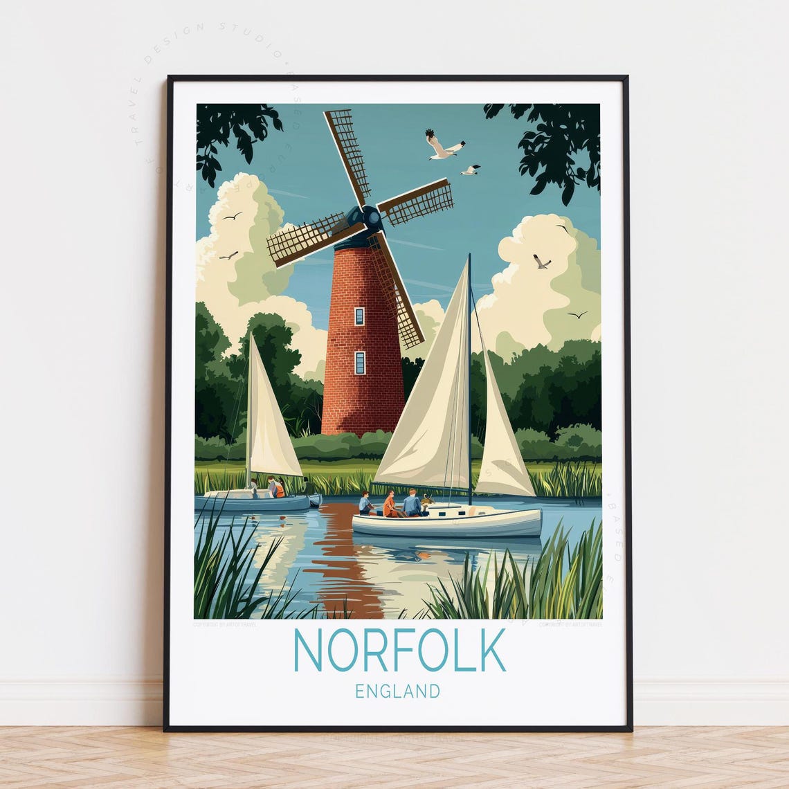 Norfolk England Windmill Twin Sailboats Sunny River Day Poster