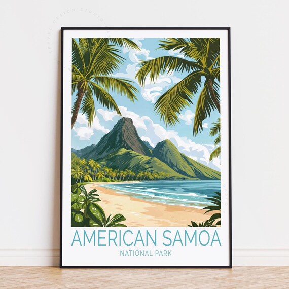 American Samoa National Park Tropical Beach Palm Trees Volcano Poster