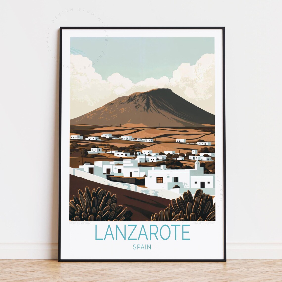 Lanzarote Volcano Village Travel Poster Dark Volcanic Hills Spain Art