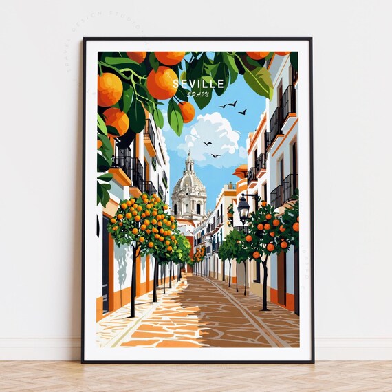 Seville Spain Orange Tree Street with Cathedral Dome View Poster