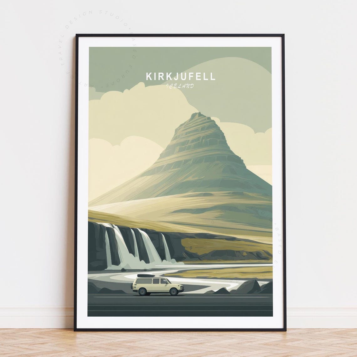 Kirkjufell Iceland Waterfall And Camper Van Mountain Road Trip Poster