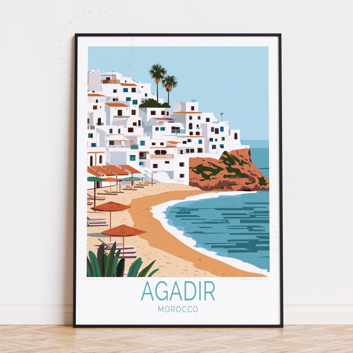 Agadir Morocco White Cliff Town Beach Cove Scenic Travel Poster