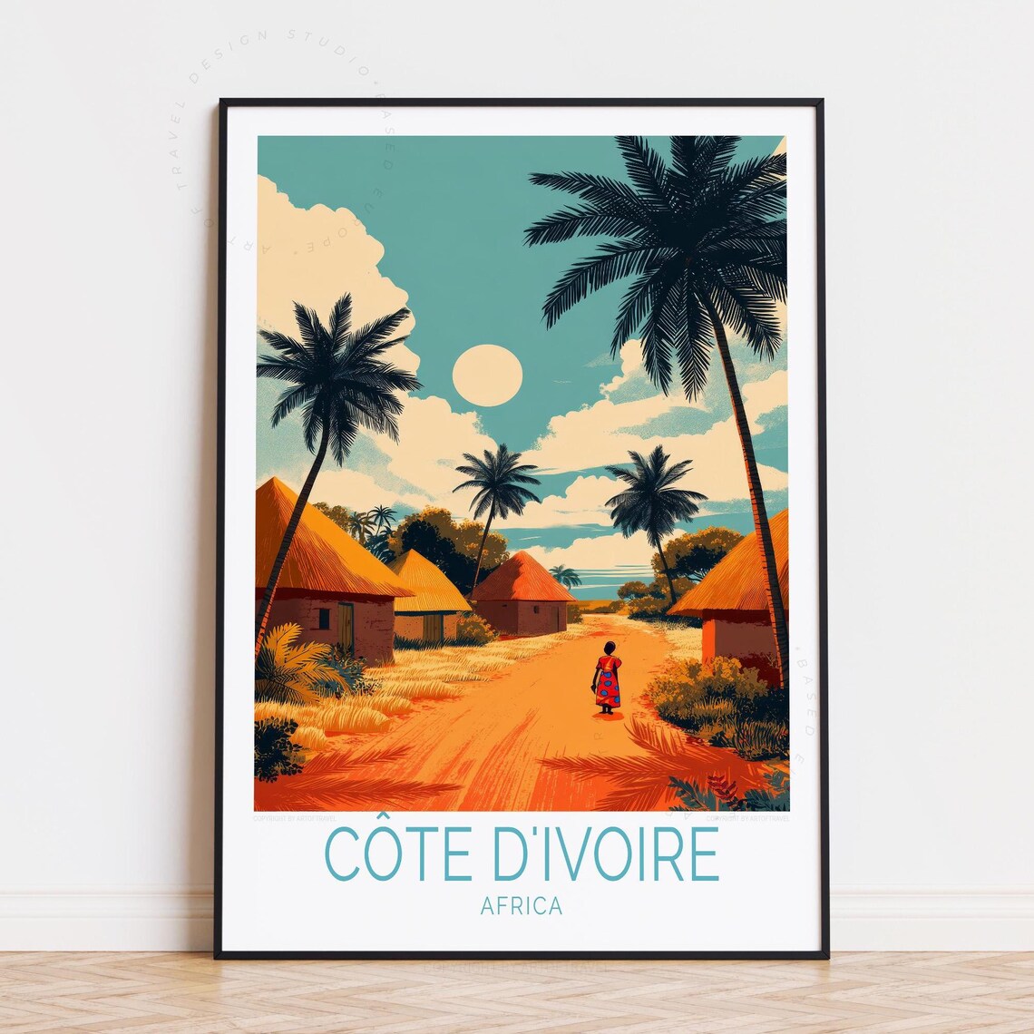 Cote DIvoire Africa Palm Village Retro Vintage Travel Poster