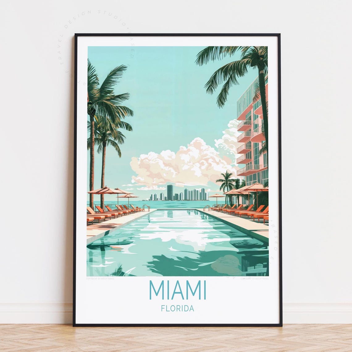 Miami Florida Sunny Retro Resort Pool Palm Skyline Travel Poster