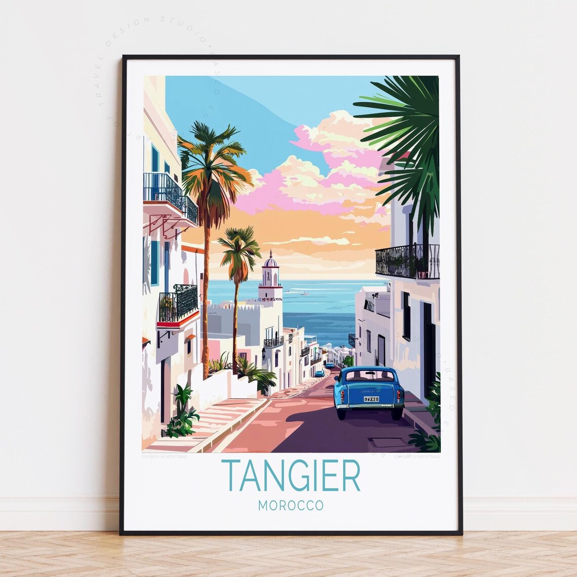 Tangier Morocco Seaside Street Palm Trees Historic Tower Travel Poster