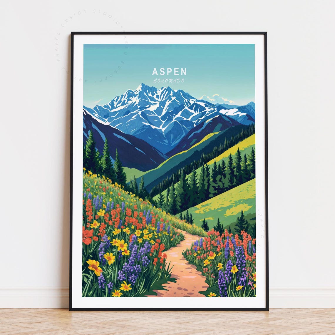 Aspen Colorado Alpine Wildflowers Snowy Peak Hiking Path Travel Poster