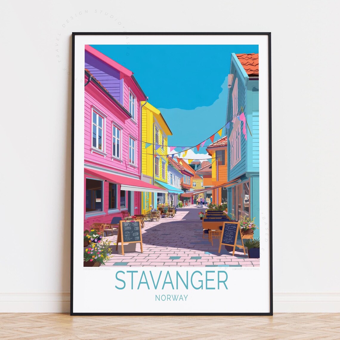 Stavanger Norway Colorful Old Town Street Cafes Summer Travel Poster