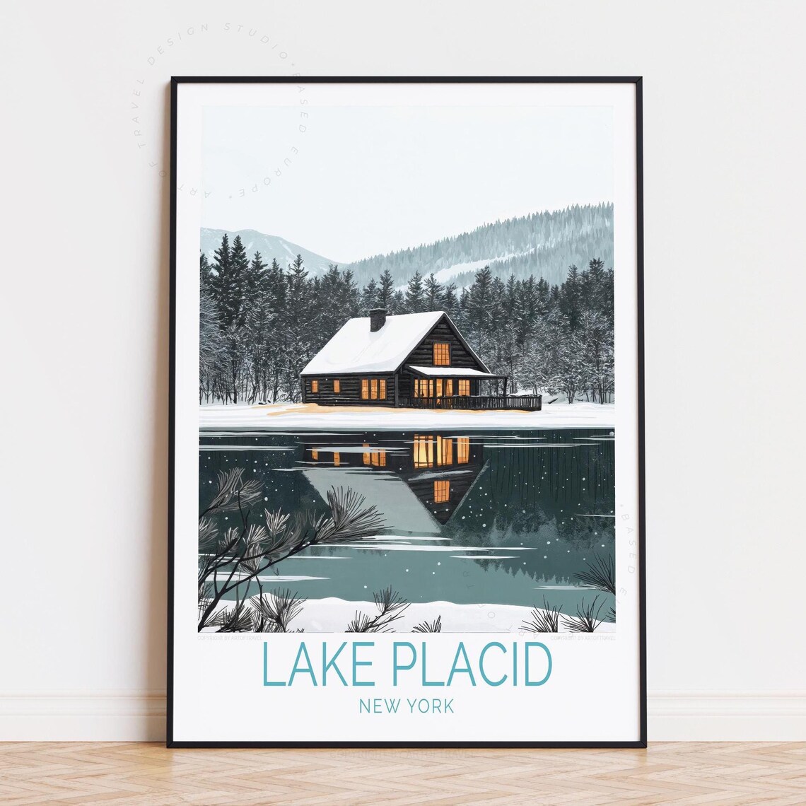 Lake Placid New York Winter Cabin Lights Snowfall Travel Poster