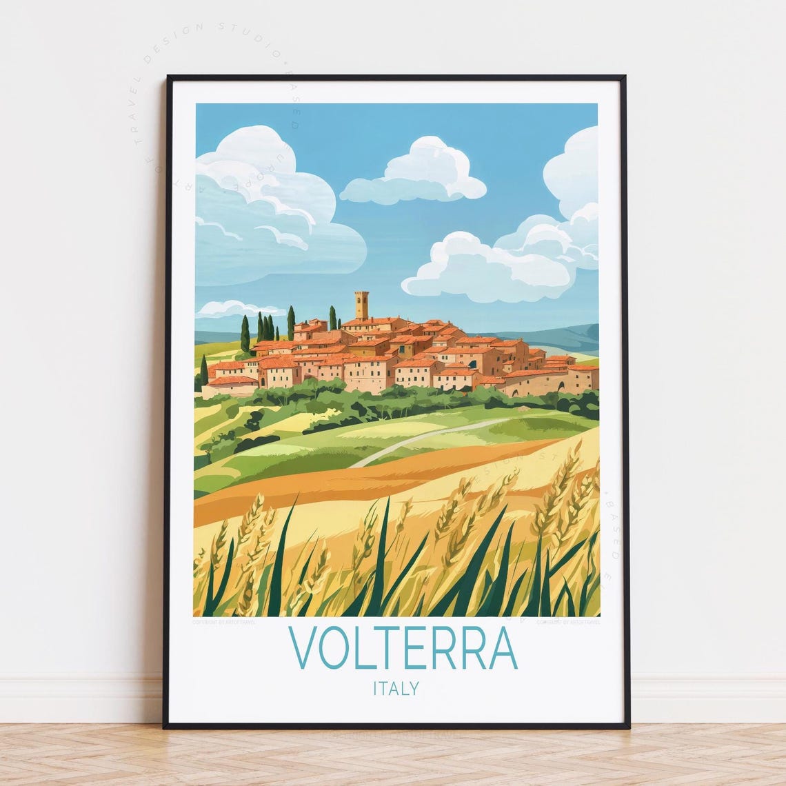 Volterra Italy Tuscan Hilltop Village Wheat Fields Travel Poster