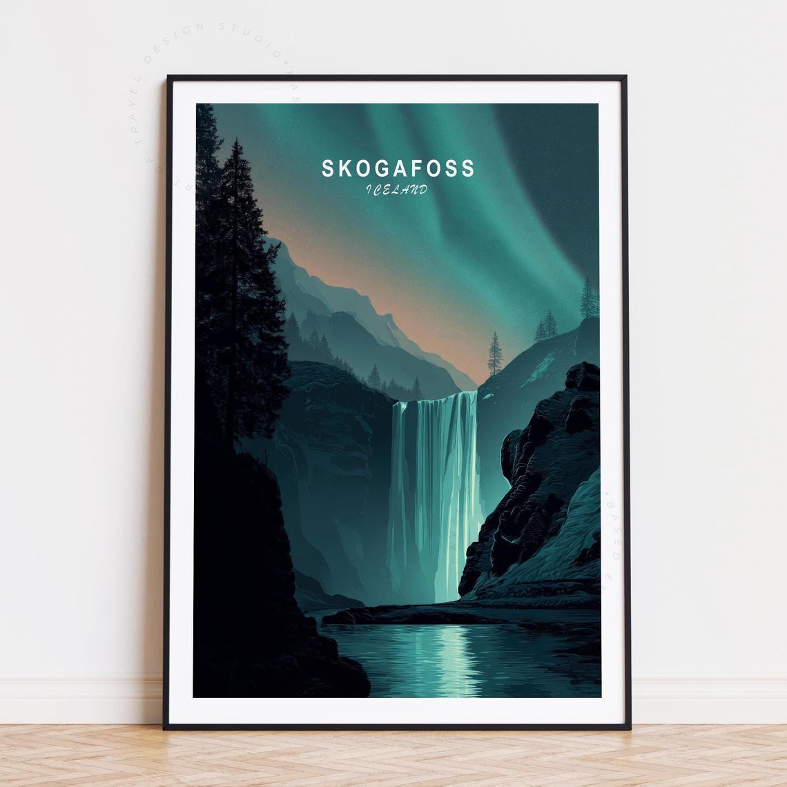 Skogafoss Iceland Waterfall Aurora Borealis Night Scene Poster