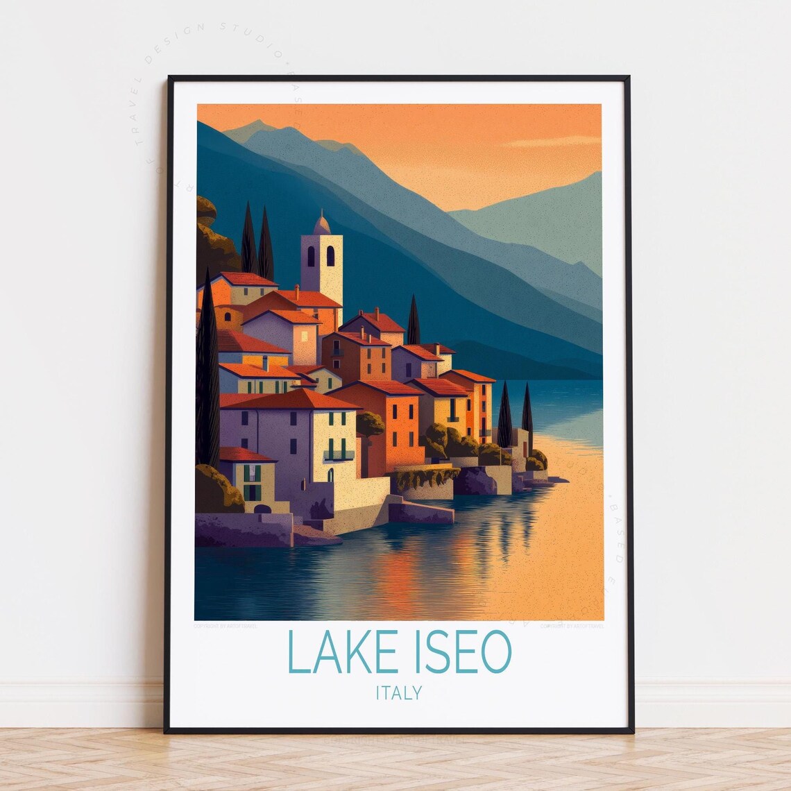 Lake Iseo Italy Lakeside Village Sunset Reflection Vintage Poster
