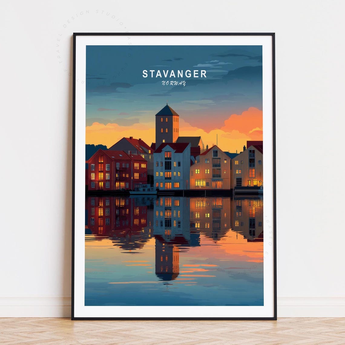 Stavanger Norway Old Town Harbor Sunset Reflection Glow Poster