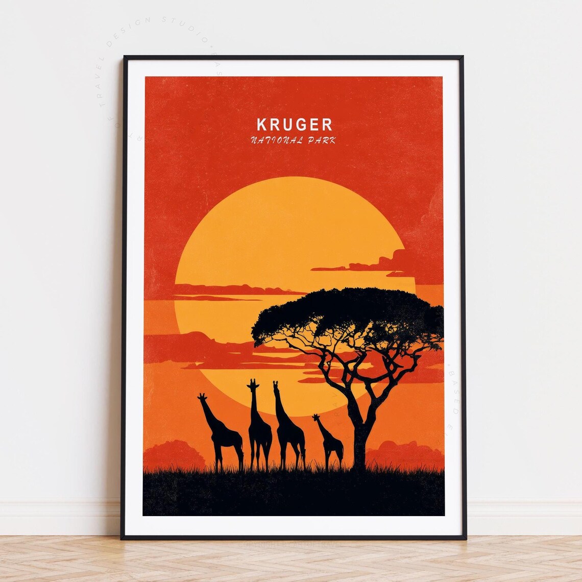 Kruger National Park Sunset Silhouette Giraffe Herd Acacia Travel Poster