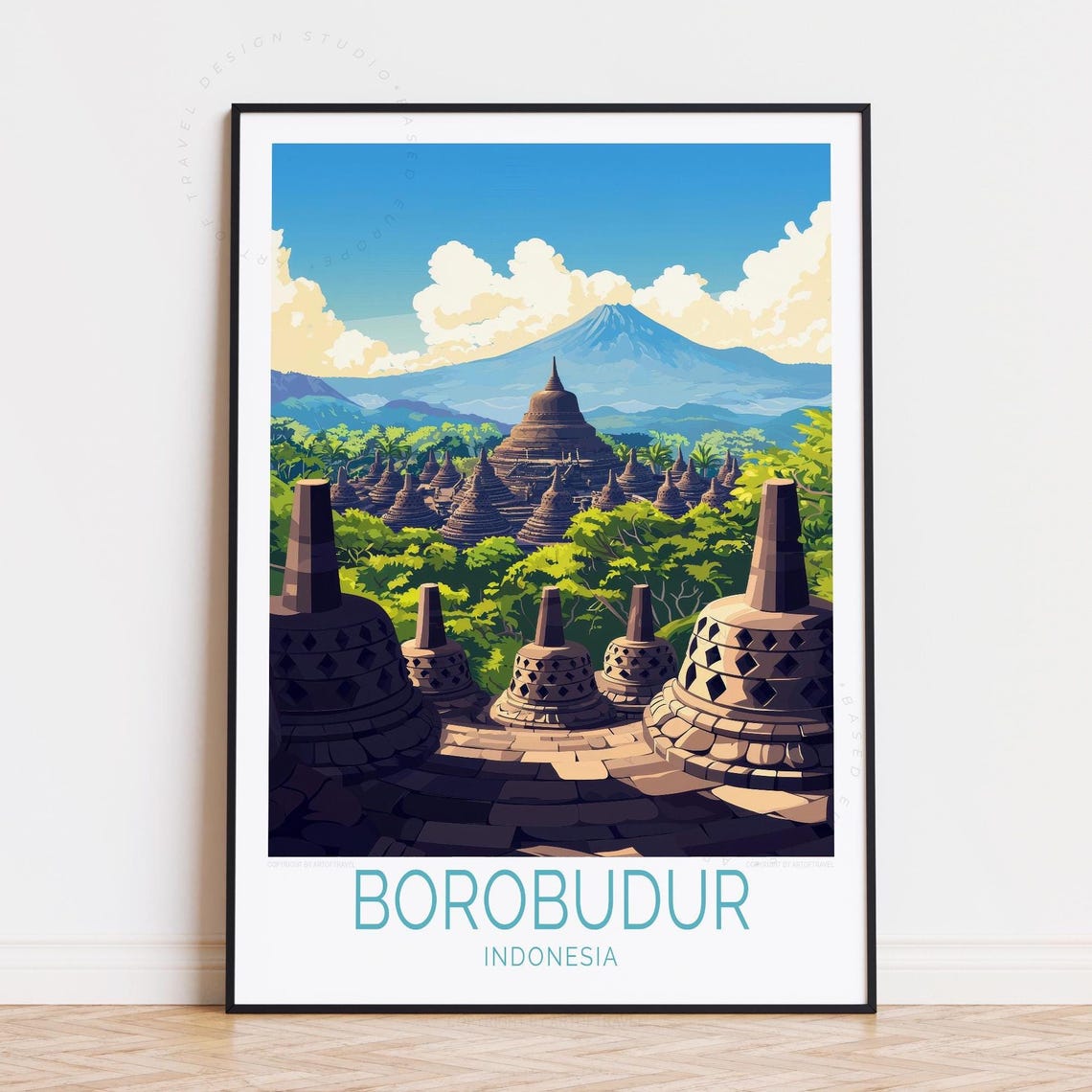 Borobudur Indonesia Ancient Temple Stupas Volcano Travel Poster