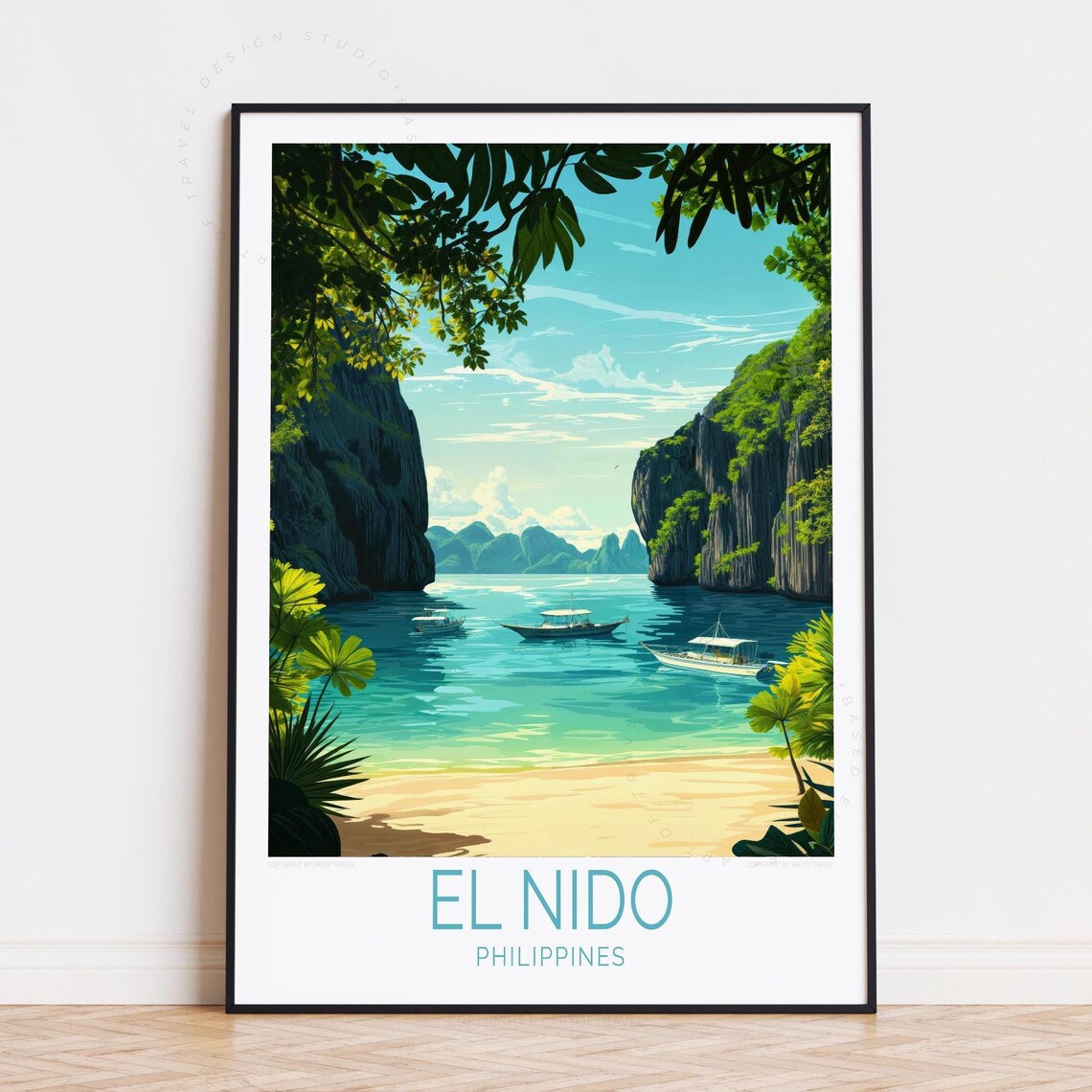 El Nido Philippines Island Boats Limestone Cliffs Travel Poster